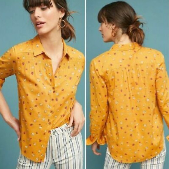 Anthropologie Tops - Anthropologie Maeve Yellow Gold Calico Rose Phyllis Printed Buttondown Blouse